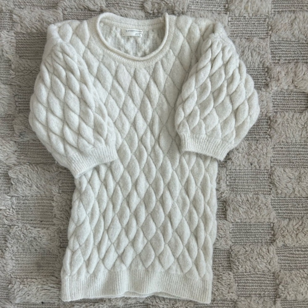 Anthropologie Cream Diamond Cable Knit Puff Sleeve Sweater